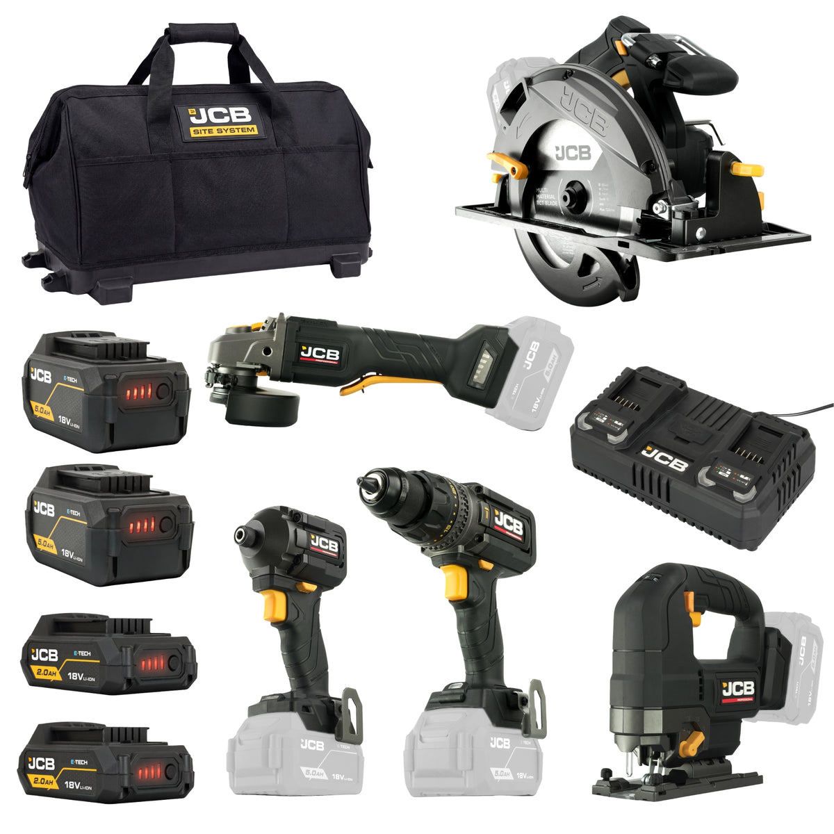 JCB TOOLS PROF 5 PC KIT C.DRILL(160.m)+IMPACT DRV (230N.m)+CIR SAW(185mm)+ANG GRIND (125mm)+ JIGSAW 2X2.0Ah 2X5.0Ah 4.ACHARGER