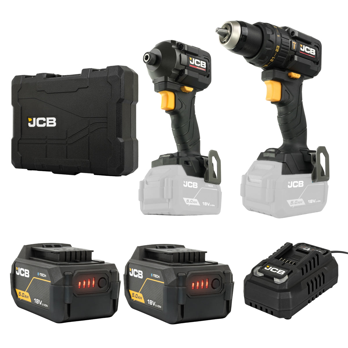 JCB PROFESSIONAL 18V TWIN KIT COMPACT COMBI DRILL (75N.m) + IMPACT DRIVER (230N.m) 2X 5.0AH 4.5A CHARGER