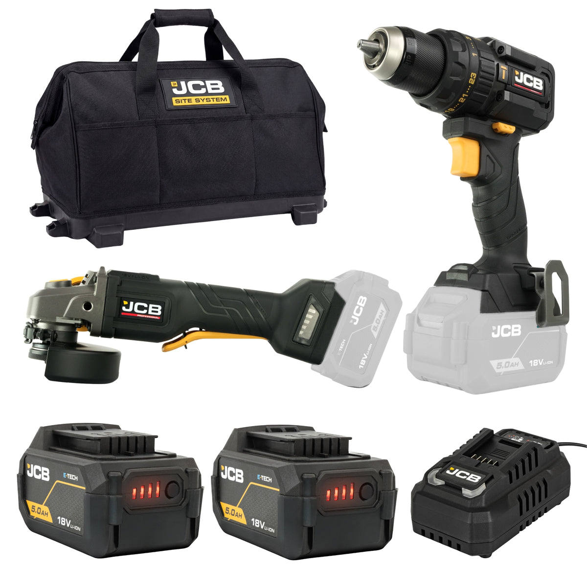 JCB PROFESSIONAL 3 PIECE KIT COMBI DRILL (75.m) + IMPACT DRIVER (230N.m) + ANGLE GRINDER (125mm) 2 X 5.0Ah 4.5A CHARGER