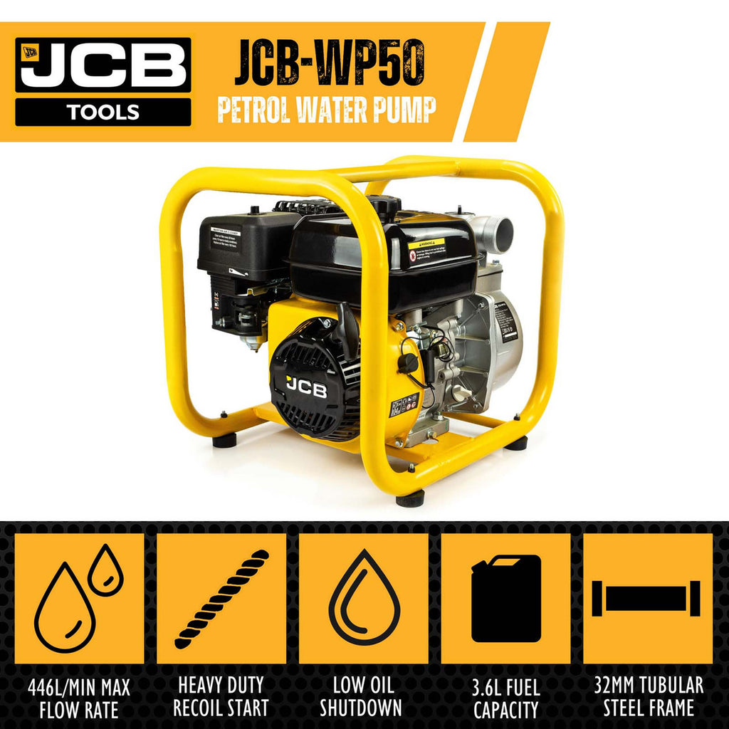 JCB TOOLS PETROL FRESH WATER PUMP 224CC RECOIL START 4-STROKE ENGINE 50MM INLET OUTLET